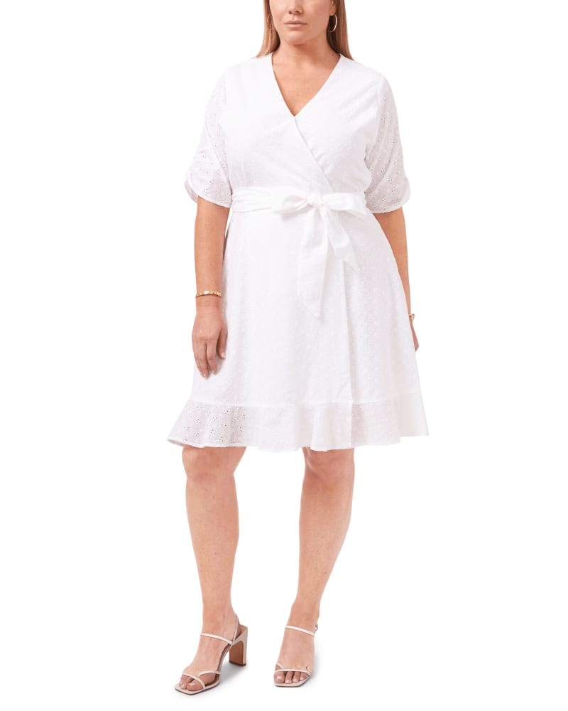 Front of a model wearing a size 14 Brynlee Wrap Ruffled Dress in ULTRA WHITE by 1.State. | dia_product_style_image_id:262461